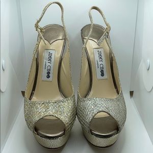 Jimmy Choo open toe metallic heels